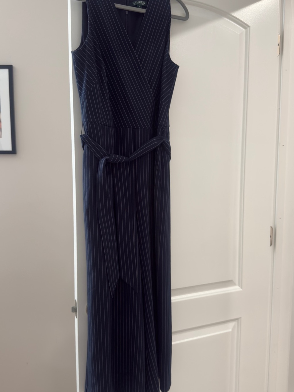 Ralph Lauren Navy Pinstripe One-Shoulder Wrap Jumpsuit